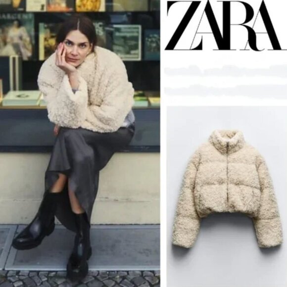 NWT ZARA CROPPED FAUX SHEARLING PUFFER JACKET ECRU - Picture 2 of 6
